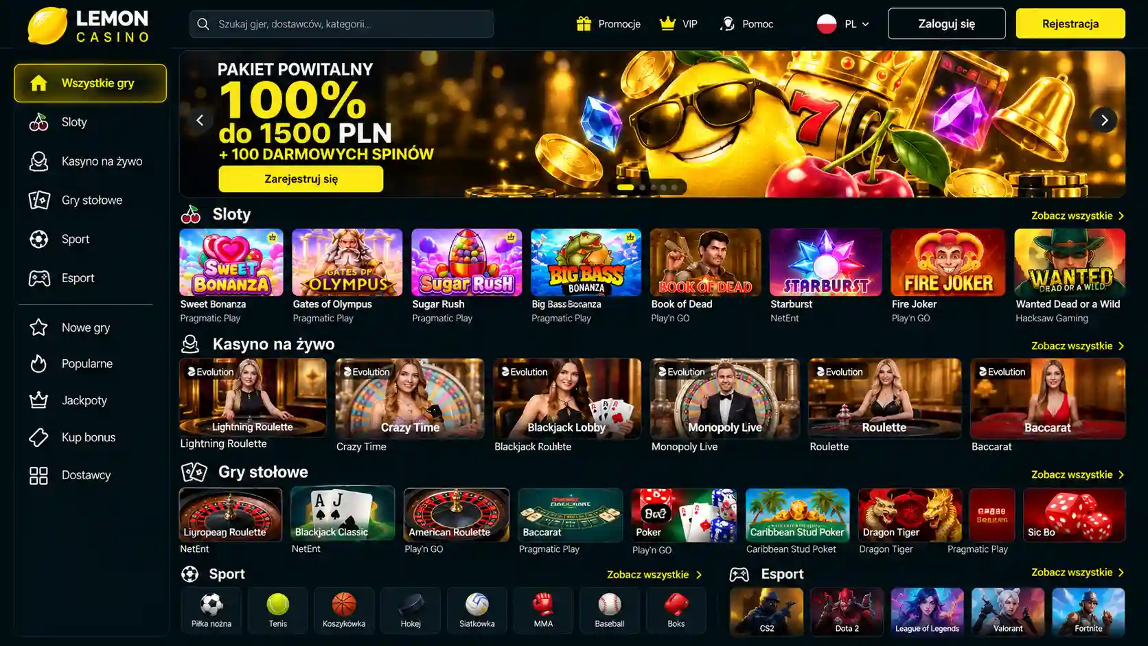 Widok lobby gier Lemon Casino – kategorie Sloty, Kasyno na żywo, Gry stołowe, Sport, Esport