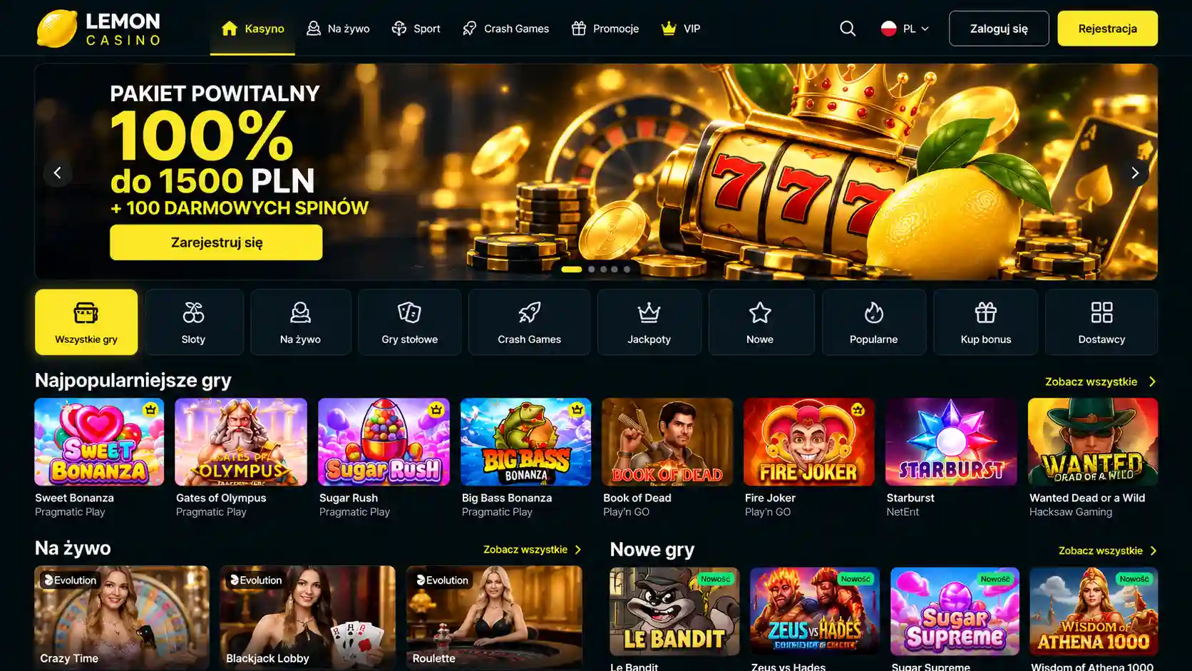 Strona główna Lemon Casino – widok desktopowy z menu głównym, banerem powitalnym i przyciskami logowania/rejestracji