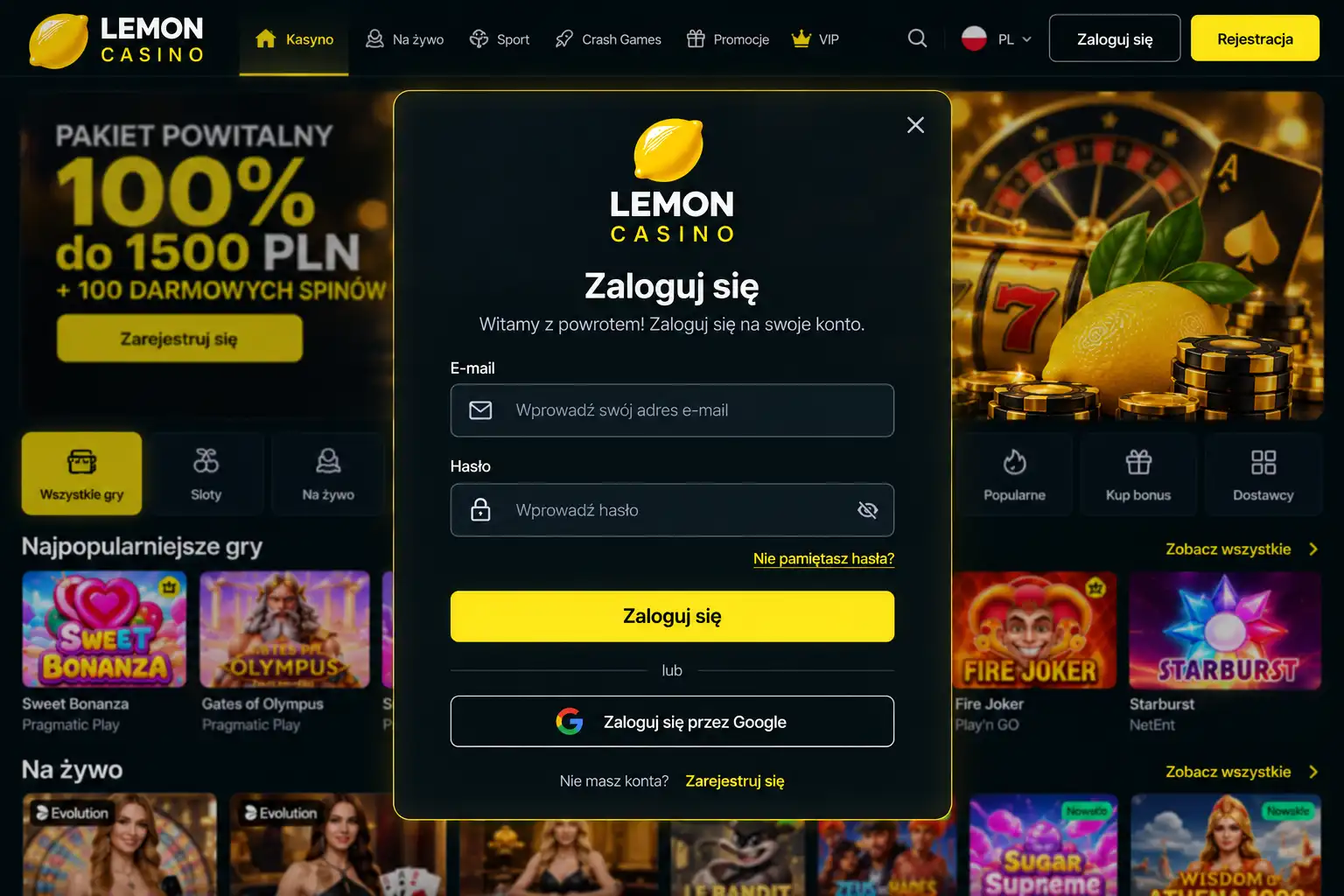 Formularz logowania Lemon Casino – pola e-mail i hasło z przyciskiem Zaloguj się
