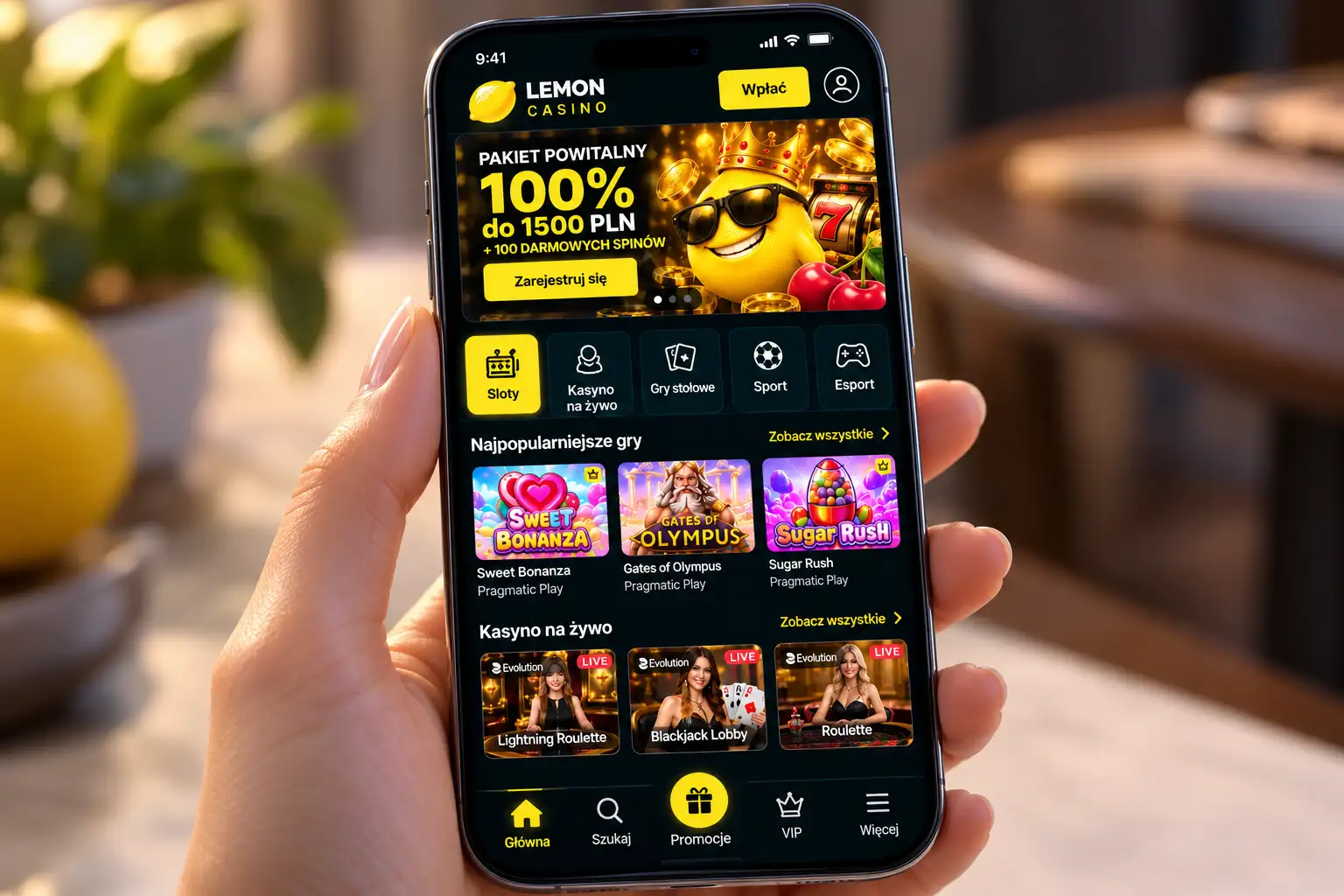 Mobilna aplikacja Lemon Casino na smartfonie – ekran główny z kategoriami gier i dolną nawigacją