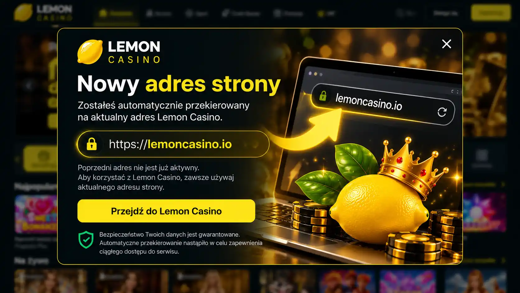 Komunikat o nowym adresie Lemon Casino – plansza informacyjna z aktualnym adresem URL i przyciskiem przekierowania