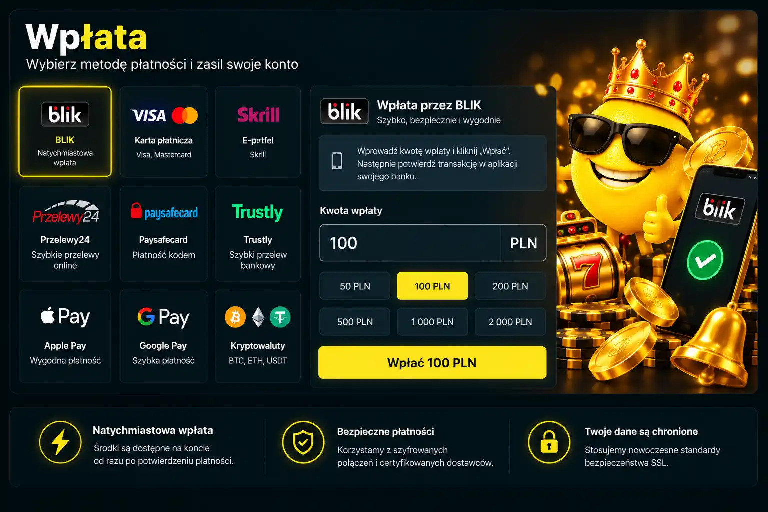Sekcja wpłat w panelu konta Lemon Casino – metody płatności BLIK, Visa, Skrill, Apple Pay i inne