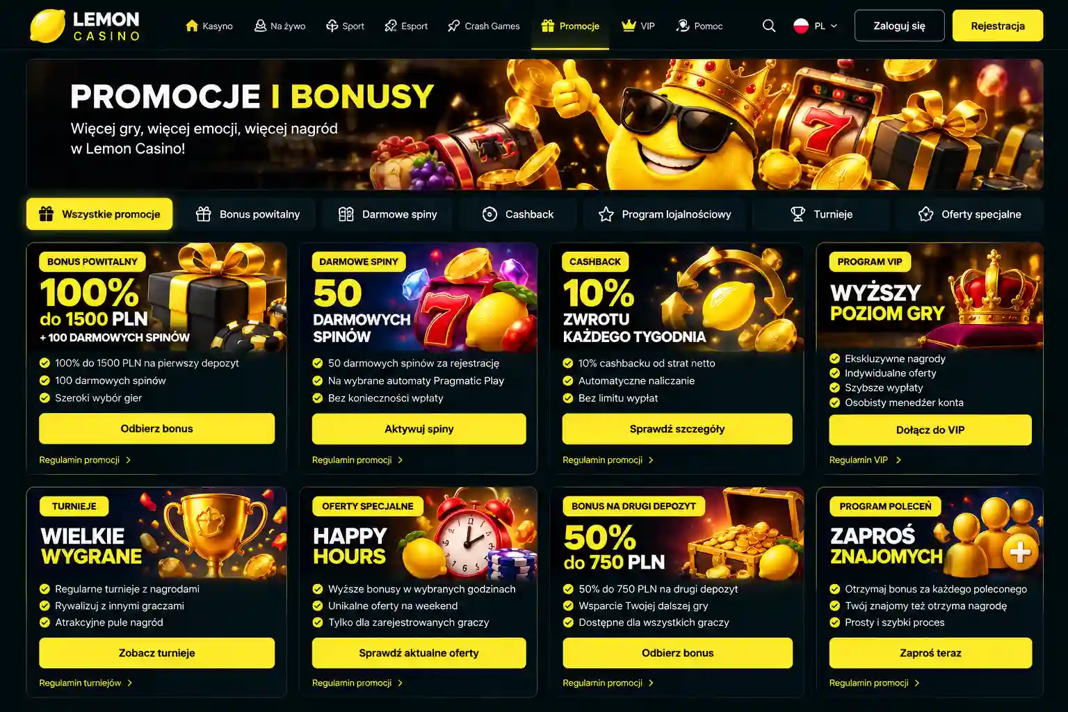 Strona promocji Lemon Casino – bonus powitalny, darmowe spiny, cashback i program VIP