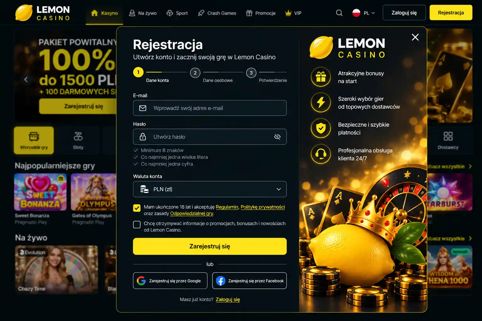 Formularz rejestracyjny Lemon Casino – trzyetapowy proces zakładania konta z polami danych osobowych
