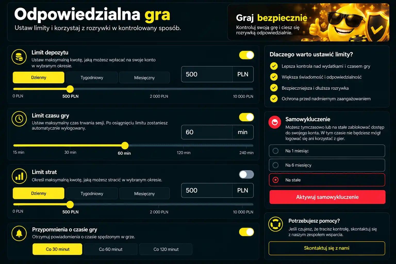 Panel odpowiedzialnej gry Lemon Casino – limity depozytu, limity czasu sesji i opcja samowykluczenia