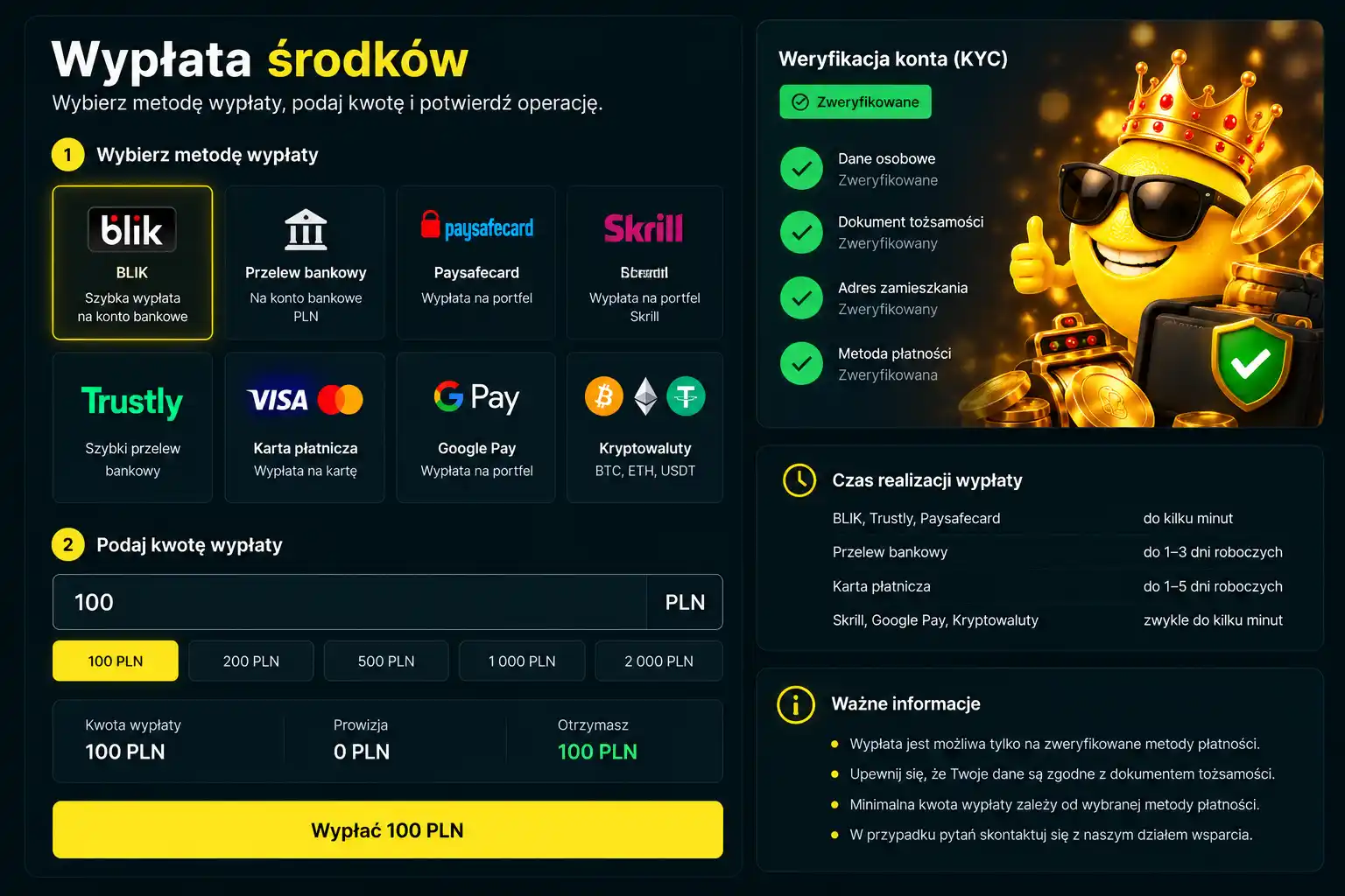 Panel wypłat w koncie gracza Lemon Casino – formularz z polem kwoty, wyborem metody i statusem weryfikacji KYC